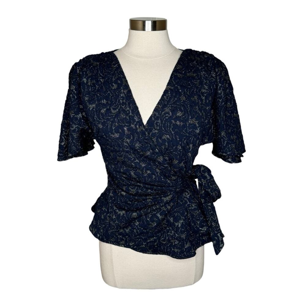Anthropologie Eva Franco Navy Gold‎ Shimmer Wrap Blouse Glam Top Women's Size 6